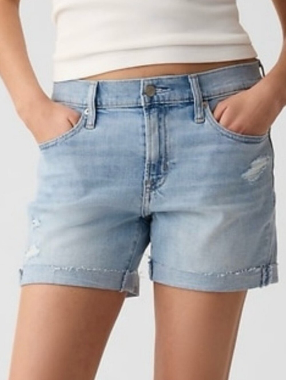 GAP 5" Mid Rise Denim Jean Girlfriend Shorts Light Destroy Wash 31/12 Raw Hem